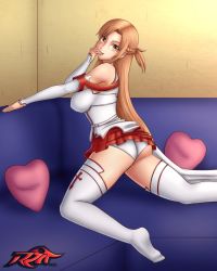 Rule 34 | 10s, 1girl, ass, asuna (sao), bare shoulders, breasts, brown eyes, brown hair, clothes lift, couch, detached sleeves, finger in own mouth, from behind, half updo, highres, large breasts, long hair, looking at viewer, panties, pillow, red skirt, reit, sideboob, skirt, skirt lift, smile, solo, sword art online, thighhighs, underwear, very long hair