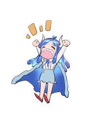 Rule 34 | 1girl, ahoge, arms up, blue cape, blue hair, blue skirt, cape, chibi, closed eyes, covered mouth, curled horns, dinosaur girl, horns, long hair, mask, mouth mask, multicolored hair, one piece, pink hair, pink mask, raine (acke2445), red footwear, shirt, shirt tucked in, simple background, skirt, solo, streaked hair, ulti (one piece), white background, white shirt