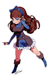 Rule 34 | 1girl, atlus, bad id, bad tumblr id, bliss barson, blue eyes, boots, bow, breasts, brown hair, cryamore, dress, etrian odyssey, eyeshadow, hair bow, hairband, highres, large breasts, long hair, makeup, mole, parody, pinstripe pattern, robaato, signature, smile, solo, striped, style parody, turtleneck, vertical stripes