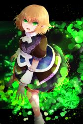 Rule 34 | &gt;:o, 1girl, :o, arano oki, arm warmers, black skirt, blonde hair, danmaku, green background, green eyes, highres, japanese clothes, looking at viewer, mizuhashi parsee, open mouth, pointy ears, scarf, shaded face, short hair, short sleeves, skirt, solo, touhou, v-shaped eyebrows, white scarf