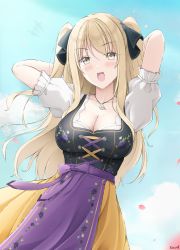 Rule 34 | +++, 1girl, ao no kanata no four rhythm, apron, arms behind head, arms up, black ribbon, blue sky, blush, breasts, brown eyes, brown hair, brown skirt, cleavage, cloud, collarbone, commentary request, day, floral print, hair ribbon, highres, keenh, large breasts, looking at viewer, outdoors, petals, print apron, puffy short sleeves, puffy sleeves, purple apron, ribbon, satouin reiko, shirt, short sleeves, skirt, sky, smile, solo, two side up, waist apron, white shirt