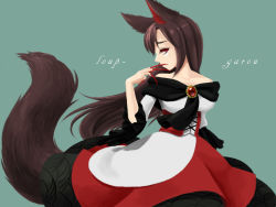 Rule 34 | 1girl, animal ears, bad id, bad pixiv id, bare shoulders, brooch, brown hair, dress, female focus, fingernails, french text, imaizumi kagerou, jewelry, long fingernails, long hair, nekomissile, red eyes, simple background, solo, tail, touhou, very long hair, wallpaper, wolf ears, wolf tail