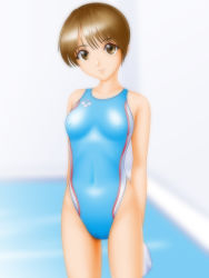 Rule 34 | 1girl, arena (company), arms behind back, breasts, brown eyes, brown hair, cameltoe, competition swimsuit, covered erect nipples, highres, one-piece swimsuit, original, pool, poolside, samejima minoru, short hair, skin tight, small breasts, smile, solo, swim cap, swimsuit, towel