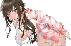 Rule 34 | 1girl, bent over, blush, bra, breasts, brown hair, cleavage, closed mouth, hair ribbon, highres, jacket, large breasts, long hair, long sleeves, looking at viewer, mole, mole on breast, mole under eye, open bra, original, panties, pink jacket, ponytail, purple eyes, ribbon, simple background, skindentation, solo, striped clothes, striped jacket, underwear, undressing, white background, white bra, white panties, xretakex