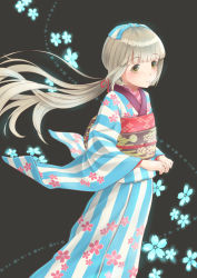 Rule 34 | 1girl, blonde hair, blue flower, blue kimono, blunt bangs, blush, commentary request, floral print, flower, green eyes, grey background, hair ribbon, idolmaster, idolmaster cinderella girls, japanese clothes, kimono, long hair, red flower, ribbon, shoukichi (shony), smile, solo, standing, striped clothes, striped kimono, white kimono