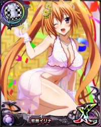 Rule 34 | 1girl, ahoge, arm support, ass, bare shoulders, blush, breasts, brown hair, card (medium), chess piece, flower, gloves, hair between eyes, hair flower, hair ornament, high school dxd, high school dxd cross, holding, jewelry, large breasts, lingerie, long hair, looking at viewer, navel, necklace, official art, one eye closed, open mouth, panties, purple eyes, rook (chess), see-through, shidou irina, sleeveless, solo, tongue, twintails, underwear, very long hair