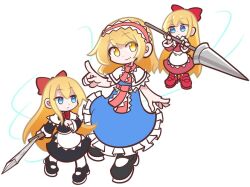 Rule 34 | 1girl, alice margatroid, apron, belt, black dress, black footwear, blonde hair, blue dress, blue eyes, capelet, dress, expressionless, frilled apron, frilled capelet, frilled dress, frilled hairband, frills, hair ribbon, hairband, hand up, holding, holding polearm, holding sword, holding weapon, hourai doll, index finger raised, lance, long dress, long hair, neck ribbon, neckerchief, parody, pink belt, polearm, puppet strings, red dress, red footwear, red hairband, red neckerchief, red ribbon, ribbon, shanghai doll, shinmon akika, shoes, simple background, smile, socks, string, style parody, sword, thread, touhou, weapon, white apron, white background, white capelet, white socks, yellow eyes