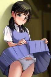 Rule 34 | 1girl, absurdres, black hair, blurry, blurry background, blush, bow, bow panties, clothes lift, collared shirt, cowboy shot, depth of field, full-face blush, hair over shoulder, highres, lifting own clothes, long sleeves, looking at another, looking away, matsunaga kouyou, neck ribbon, original, panties, pleated skirt, purple ribbon, ribbon, school uniform, shadow, shirt, short hair, short sleeves, skirt, skirt lift, smile, solo, standing, suspender skirt, suspenders, twintails, underskirt, underwear, white panties, white shirt, yellow background, yellow eyes