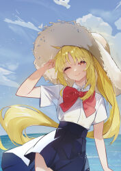 Rule 34 | 1girl, ;), absurdres, blonde hair, blue sky, bocchi the rock!, bow, bowtie, closed mouth, cloud, collared shirt, commentary request, cowboy shot, day, feng1180, hand up, hat, highres, ijichi nijika, large bow, long hair, looking at viewer, ocean, one eye closed, outdoors, pleated skirt, red bow, red bowtie, red eyes, school uniform, shirt, shirt tucked in, short sleeves, sidelocks, skirt, sky, smile, solo, standing, straw hat, sun hat, white shirt
