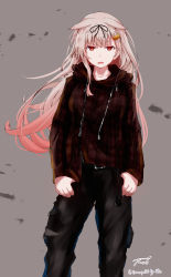 1girl baileys_(tranquillity650) belt breasts buckle casual fang female_focus floating_hair gradient_hair hair_between_eyes hair_flaps hair_ornament hair_ribbon hairclip highres hood hoodie kantai_collection long_hair messy_hair multicolored_hair open_mouth pants pink_hair plaid_clothes plaid_hoodie red_eyes ribbon signature solo torn_clothes torn_pants twitter_username wind yuudachi_(kancolle) yuudachi_kai_ni_(kancolle)