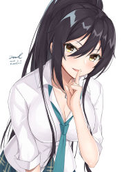 Rule 34 | 1girl, aqua necktie, black hair, blush, breasts, cleavage, collarbone, collared shirt, dated, dress shirt, finger to mouth, green skirt, hair between eyes, hand up, idolmaster, idolmaster shiny colors, index finger raised, jewelry, large breasts, leaning forward, long hair, looking at viewer, necklace, necktie, parted lips, plaid, plaid skirt, pleated skirt, ponytail, school uniform, shirase sakuya, shirt, shushing, sidelocks, signature, simple background, skirt, sleeves rolled up, smile, solo, twitter username, unel, upper body, white background, white shirt, yellow eyes
