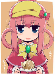 Rule 34 | 1girl, blue eyes, bow, bowtie, capelet, cum, cum on food, deerstalker, dress, frilled sleeves, frills, gem, hair rings, hakuun (m2230), hat, highres, holding, holding plate, long hair, long sleeves, open mouth, orange background, pink capelet, pink dress, pink hair, plate, potato, sherlock shellingford, simple background, solo, tantei opera milky holmes, translation request, upper body, yellow bow, yellow bowtie