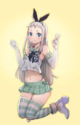 Rule 34 | 1boy, :3, bare shoulders, black bow, blend s, blue eyes, blush, bow, bow (bhp), closed mouth, cosplay, crop top, crossover, elbow gloves, gloves, green sailor collar, green skirt, green thighhighs, hair bow, hairband, hands up, high heels, highleg, highleg panties, kantai collection, kanzaki hideri, long hair, male focus, navel, panties, pleated skirt, sailor collar, school uniform, serafuku, shimakaze (kancolle), shimakaze (kancolle) (cosplay), shirt, silver hair, simple background, skindentation, skirt, smile, solo, striped clothes, striped thighhighs, thighhighs, trap, underwear, v, white gloves, white shirt, yellow background