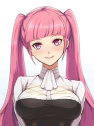 Rule 34 | 1girl, blush, breasts, closed mouth, female focus, fire emblem, fire emblem: three houses, hilda valentine goneril, large breasts, long hair, matching hair/eyes, nintendo, phiphi-au-thon, pink eyes, pink hair, simple background, smile, solo, twintails, uniform, upper body, white background