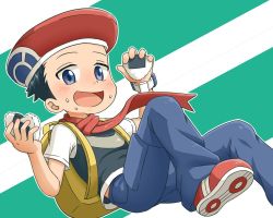 Rule 34 | 1boy, black hair, blue eyes, blue pants, blush, bracelet, child, creatures (company), food, game freak, grabbing, happy, hat, jewelry, looking at viewer, lucas (pokemon), male focus, nintendo, open mouth, pants, pokemon, pokemon adventures, rice, shirt, shoes, simple background, smile, sneakers, solo, solo focus, spiked hair, tjugemu, tongue