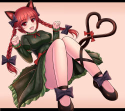 Rule 34 | 1girl, animal ears, bad id, bad pixiv id, braid, breasts, cat ears, cat tail, censored, convenient censoring, convenient leg, dress, extra ears, fang, flats, green dress, heart, heart tail, juliet sleeves, kaenbyou rin, letterboxed, long hair, long sleeves, looking at viewer, medium breasts, multiple tails, nekomata, nekozombie, no panties, open mouth, paw pose, pointy ears, puffy sleeves, red eyes, red hair, ribbon, sitting, smile, solo, tail, tail ornament, tail ribbon, touhou, twin braids, upskirt, very long hair