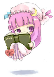 Rule 34 | 1girl, book, chibi, chibi only, crescent, female focus, hat, kito (sorahate), lowres, patchouli knowledge, pink hat, purple eyes, purple hair, simple background, solo, striped, touhou, vertical stripes