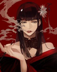 Rule 34 | 1girl, absurdres, bare shoulders, between fingers, black collar, black hair, black kimono, blowing smoke, blunt bangs, collar, collarbone, epiphyllum, expressionless, final fantasy, final fantasy xiv, flower, grey eyes, hair flower, hair ornament, hair stick, hand up, highres, holding, holding smoking pipe, hyur, infecti, japanese clothes, kimono, kiseru, lace collar, long hair, looking at viewer, mole, mole under mouth, off shoulder, parted lips, portrait, red background, red lips, signature, simple background, smoke, smoking pipe, solo, straight hair, yotsuyu goe brutus