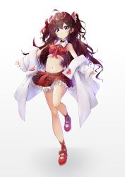 Rule 34 | 1girl, :3, absurdres, breasts, brown hair, coat, commentary request, frilled skirt, frills, full body, highres, ichinose shiki, idolmaster, idolmaster cinderella girls, lab coat, long hair, long sleeves, looking at viewer, navel, necktie, off shoulder, pg (pege544), purple eyes, red footwear, red necktie, red skirt, skirt, small breasts, solo, standing, standing on one leg, stomach, two side up, white background