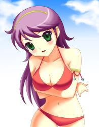Rule 34 | 1girl, absurdres, athena (series), bikini, blush, breasts, cleavage, green eyes, highres, large breasts, long hair, navel, princess athena, purple hair, snk, solo, swimsuit