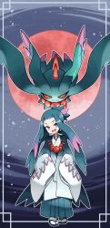 Rule 34 | 1girl, bead necklace, beads, blue hakama, creatures (company), fang, flutter mane, full body, game freak, hakama, japanese clothes, jewelry, kimono, long hair, long sleeves, looking at viewer, mabu (dorisuto), moon, multicolored hair, necklace, nintendo, pokemon, pokemon (creature), red eyes, red moon, sandals, sidelocks, skin fang, sleeves past fingers, sleeves past wrists, socks, tabi, two-tone hair, zouri