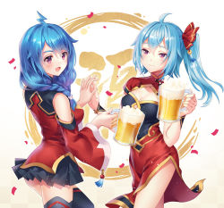 Rule 34 | 2girls, :d, ahoge, alcohol, beer, bili girl 22, bili girl 33, bilibili, black legwear, black skirt, blue hair, blush, braid, breasts, carminar, cleavage cutout, clothing cutout, cup, detached sleeves, drinking glass, facial mark, forehead mark, hair between eyes, hair over shoulder, highres, holding, holding cup, holding drinking glass, looking at viewer, medium breasts, multiple girls, open mouth, purple eyes, skirt, smile, standing, thighhighs, twintails, wide sleeves