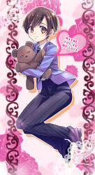 Rule 34 | 1girl, absurdres, black pants, brown eyes, brown hair, english text, floral background, fujioka haruhi, full body, heart, highres, holding, holding stuffed toy, light blush, long sleeves, looking at viewer, ouran high school host club, ouran high school uniform, outline, pants, pink background, reverse trap, school uniform, shoes, short hair, smile, solo, stuffed animal, stuffed toy, teddy bear, usamin00001, white outline