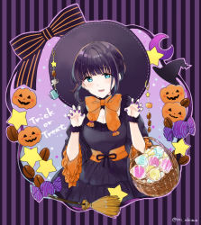 Rule 34 | 1girl, :d, basket, black dress, black hair, black hat, blue eyes, bow, braid, candy, coffee beans, coffee wo shizuka ni, commentary request, crescent, dress, food, halloween, hands up, hat, jack-o&#039;-lantern, juliet sleeves, lollipop, long sleeves, looking at viewer, miyabi akino, nail polish, open mouth, orange bow, puffy sleeves, purple nails, shizuka (coffee wo shizuka ni), sidelocks, smile, solo, star (symbol), striped, striped background, striped bow, swirl lollipop, teeth, trick or treat, twitter username, upper teeth only, vertical stripes, wide sleeves, witch hat