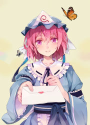 Rule 34 | 1girl, blush, bug, butterfly, envelope, evers, female focus, giving, hat, heart, incoming gift, insect, japanese clothes, letter, love letter, parted lips, pink eyes, pink hair, saigyouji yuyuko, sash, short hair, simple background, smile, solo, touhou, triangular headpiece, valentine