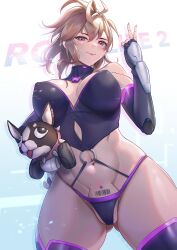 Rule 34 | 1girl, android, antenna hair, arm guards, barcode, barcode tattoo, bare shoulders, blush, breasts, character request, cleavage, detached collar, dog, elbow gloves, fingerless gloves, gloves, highres, joints, large breasts, light brown hair, looking at viewer, navel, panties, pubic tattoo, purple eyes, purple gloves, purple panties, purple thighhighs, robot joints, short hair, smile, tattoo, thighhighs, thighs, tinnies, underwear