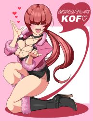 Rule 34 | 1girl, absurdres, breasts, cleavage, hair over eyes, high heels, highres, jacket, large breasts, open mouth, red hair, shermie (kof), smile, snk, the king of fighters, the king of fighters xv
