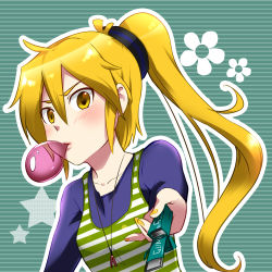 Rule 34 | 1girl, akita neru, blonde hair, blush, blowing bubbles, caffein, chewing gum, foreshortening, long hair, looking at viewer, nail polish, side ponytail, solo, vocaloid, yellow eyes