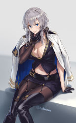 Rule 34 | 1girl, azur lane, blue eyes, boots, breasts, cleavage, commentary request, cuboon, garter belt, gloves, hand on own chin, jacket, jacket on shoulders, large breasts, midriff, miniskirt, navel, pantyhose, short hair, simple background, sitting, skirt, smile, solo, thigh boots, thighhighs, twitter username, washington (azur lane), white background, white hair