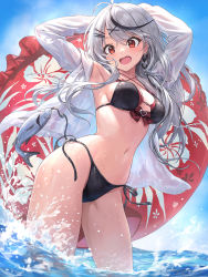 Rule 34 | 1girl, :o, accidental exposure, ahoge, arms up, assisted exposure, bikini, black bikini, black hair, blue sky, bow, breasts, clothes pull, commentary, contrapposto, drawstring, fang, fish, floating hair, grey hair, guchico, hair ornament, hairclip, highres, hip focus, holding, holding swim ring, hololive, hood, hoodie, innertube, layered bikini, long hair, looking down, medium breasts, multicolored hair, navel, open mouth, outdoors, plaid, plaid bow, red bikini, red eyes, sakamata chloe, sky, solo, splashing, stomach, streaked hair, swim ring, swimsuit, thighs, untied bikini, virtual youtuber, wading, wardrobe malfunction, water, wavy hair, wet, white hoodie, x hair ornament
