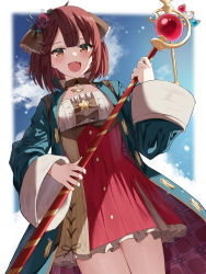 Rule 34 | 1girl, :d, absurdres, atelier (series), atelier sophie, atelier sophie 2, blue coat, brown eyes, coat, cowboy shot, dress, fang, firin, flower, frilled dress, frills, from below, hair flower, hair ornament, hair scarf, hand up, happy, highres, holding, holding staff, long sleeves, looking at viewer, medium hair, multicolored clothes, multicolored dress, open mouth, outdoors, red dress, red eyes, red hair, smile, solo, sophie neuenmuller, staff, thighs, wide sleeves