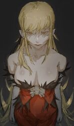 Rule 34 | 1girl, bakemonogatari, bare shoulders, black background, blonde hair, breasts, cleavage, closed mouth, collarbone, dress, elbow gloves, gloves, highres, kiss-shot acerola-orion heart-under-blade, kizumonogatari, large breasts, monogatari (series), off-shoulder dress, off shoulder, oshino shinobu, red dress, solo, taki (a313131333), vampire, white gloves, yellow eyes