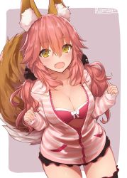 Rule 34 | 10s, 1girl, absurdres, animal ears, artist name, blush, breasts, cleavage, cowboy shot, eyebrows, fangs, fate/extra, fate (series), fox ears, fox tail, frills, highres, hood, hoodie, large breasts, long hair, looking at viewer, official alternate costume, open mouth, pink hair, scrunchie, solo, striped clothes, striped hoodie, tail, tamamo (fate), tamamo no mae (fate/extra), tamamo no mae (spring casual) (fate), thighhighs, twintails, unzipped, yaman (yamanta lov), yellow eyes, zipper