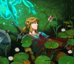 Rule 34 | 1boy, 1girl, arrow (projectile), bleeding, blonde hair, blood, blood in water, blue eyes, blue shirt, bow (weapon), bubble, cattail, grass, highres, lily pad, link, malin falch, mipha, mononoke hime, nintendo, pants, plant, pointy ears, shield, shirt, sideburns, spirit, sword, the legend of zelda, the legend of zelda: breath of the wild, water, weapon