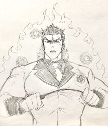 Rule 34 | 1boy, aizen (housamo), anger vein, angry, bara, breast pocket, clenched hands, commentary request, facial mark, fle0423, floating, floating object, forehead mark, formal, furrowed brow, graphite (medium), halo, halo behind head, highres, holding riding crop, lapels, large pectorals, male focus, muscular, muscular male, necktie, notched lapels, open mouth, pectorals, photo (medium), pocket, short hair, solo, suit, tokyo houkago summoners, traditional media, upper body