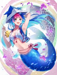 Rule 34 | 1girl, :d, arm behind head, arm support, armpits, bare shoulders, blue hair, blue vest, blunt bangs, blush, bra, breasts, cleavage, commentary request, fins, floating hair, flower, full body, groin, highres, holding pill, holding pinwheel, ichino tomizuki, kodomo no hi, koinobori, long hair, looking at viewer, medium breasts, mermaid, monster girl, multicolored hair, navel, open clothes, open mouth, open vest, original, paper hat, paper kabuto, partial commentary, pink hair, pinwheel, scales, sidelocks, smile, solo, split tail, stomach, underwear, vest, white bra, windsock