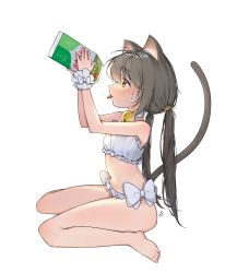 Rule 34 | 1girl, :p, aeng dyu, animal ears, antenna hair, arms up, bare legs, bare shoulders, barefoot, bell, neck bell, blush, bow, bra, cat ears, cat tail, choker, from side, full body, highres, holding, jingle bell, long hair, low twintails, milk carton, original, panties, simple background, sitting, solo, sweatdrop, tail, tareme, tongue, tongue out, twintails, underwear, underwear only, very long hair, wariza, white background, white bow, white bra, white choker, white panties, wrist cuffs, yellow eyes