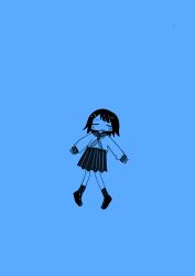 Rule 34 | 1girl, absurdres, blue theme, blush, chibi, closed eyes, facing viewer, full body, hair ornament, hairclip, highres, loafers, monochrome, neckerchief, open mouth, original, outstretched arms, pigeon-toed, pleated skirt, school uniform, serafuku, shii595, shoes, short hair, skirt, sleeves past wrists, solo, spread arms, wide shot