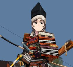 Rule 34 | 1girl, archery, armor, arrow (projectile), black eyes, black hat, blue background, bow (weapon), brown hair, closed mouth, expressionless, hat, highres, holding, holding bow (weapon), holding weapon, japanese armor, japanese clothes, katana, kote, kusazuri, original, short hair, simple background, solo, sword, upper body, wani (perfect han), weapon