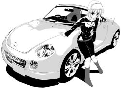 Rule 34 | 1girl, car, daihatsu, daihatsu copen, fumio (ura fmo), greyscale, monochrome, motor vehicle, original, solo, vehicle, vehicle focus