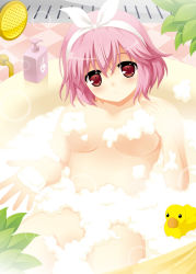 Rule 34 | 1girl, bad id, bad pixiv id, bath, bathing, bathroom, bathtub, blush, bottle, breasts, bubble bath, censored, checkered floor, convenient censoring, cpu (hexivision), female focus, foam, hair between eyes, hair ribbon, hairband, hand on own chest, head tilt, indoors, leaf, lens flare, looking at viewer, lying, medium breasts, nude, on back, outstretched hand, parted lips, partially submerged, pink hair, reclining, red eyes, ribbon, rubber duck, saigyouji yuyuko, short hair, shower head, sitting, soap bubbles, soap censor, solo, touhou