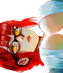 Rule 34 | 1girl, breasts, chainsaw man, commentary request, glasses, large breasts, looking at viewer, makima (chainsaw man), nose, open clothes, open shirt, parted lips, red hair, red lips, ringed eyes, shirt, sideways, solo, upper body, vcais, white background, white shirt, yellow eyes