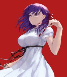Rule 34 | 1girl, absurdres, bare arms, breasts, commentary, dress, egk513, fate/stay night, fate (series), hair ribbon, hand up, highres, large breasts, looking away, matou sakura, medium hair, official alternate costume, parted lips, puffy short sleeves, puffy sleeves, purple eyes, purple hair, red background, red ribbon, ribbon, short sleeves, simple background, solo, white dress