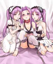 Rule 34 | 3girls, armlet, bare shoulders, bonnet, breasts, chain, collar, crotch seam, dress, euryale (fate), euryale (third ascension) (fate), fate/grand order, fate (series), feet, hairband, headdress, highres, leotard, lolita hairband, long hair, looking at viewer, medium breasts, medusa (fate), medusa (lancer) (fate), medusa (lancer) (final ascension) (fate), medusa (rider) (fate), multiple girls, official alternate costume, open mouth, panties, purple eyes, purple hair, rider, siblings, sisters, sitting, small breasts, smile, stheno (fate), stheno (third ascension) (fate), stirrup legwear, thighhighs, toeless legwear, toes, twins, twintails, underwear, very long hair, white dress, white legwear, white panties, yewang19
