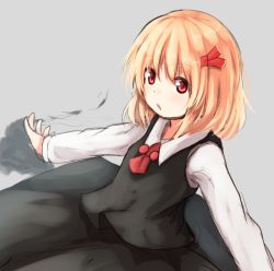 Rule 34 | 1girl, ascot, baram, blonde hair, darkness, grey background, hair ribbon, long sleeves, outstretched arms, red eyes, red ribbon, ribbon, rumia, shirt, short hair, simple background, sketch, skirt, skirt set, smile, solo, spread arms, touhou, vest, white shirt