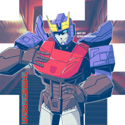 Rule 34 | 1boy, armor, autobot, black armor, blue eyes, blue wings, car, character name, commentary, cropped legs, datsun, english commentary, entrance, hand on own chest, horns, mecha, motor vehicle, red armor, robot, science fiction, smokescreen (transformers), stairs, the transformers (idw), transformers, wings, yellow horns, zeropercenter